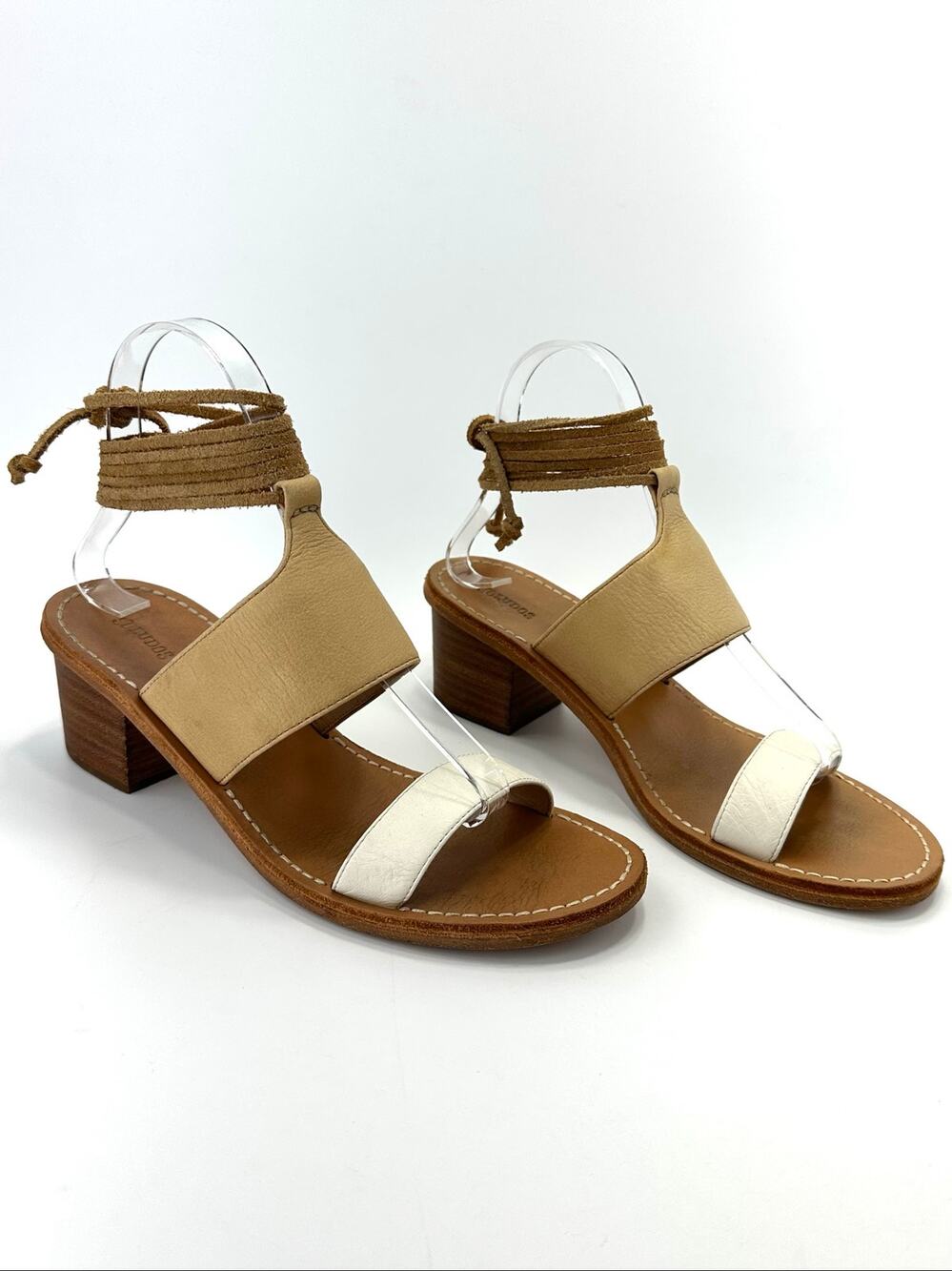 Soludos RARE Bohemian Ankle Wrap Sandal Sz 9/39.5 Tan & White Leather Block Heel